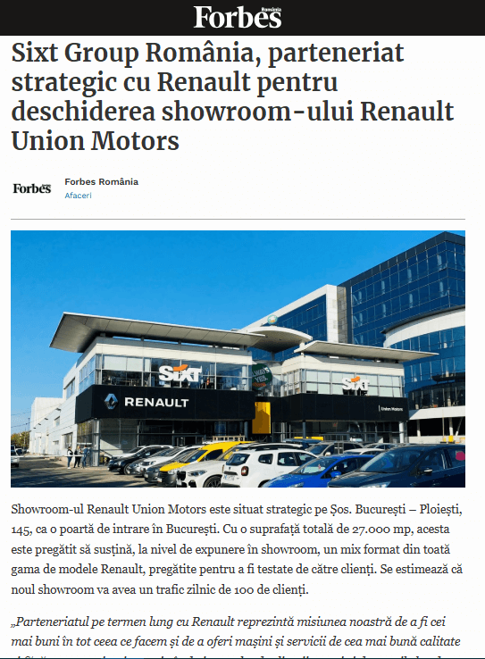 Sixt Group România, parteneriat strategic cu Renault pentru deschiderea showroom-ului Renault Union Motors