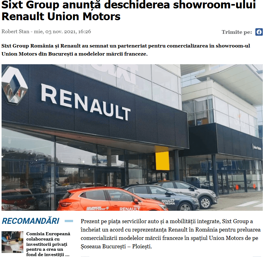 Sixt Group anunță deschiderea showroom-ului Renault Union Motors
